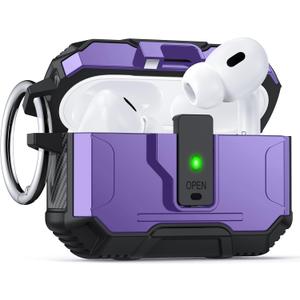 for AirPods Pro 2 Case Cover [Safety Lock] [Magnetic One-Click Open] [Military Shockproof Armor] Double Rugged Outdoor Wireless Charging Case for AirPods Pro 2nd Generation with Keychain, Purple