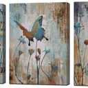 Biuteawal 3 Panel Canvas Print Teal Brown Butterfly Flower Painting Wall Art Plant Floral Picture Print on Canvas Vintage Artwork for Home Living Room Bedroom Bathroom Wall Decor Ready to Hang