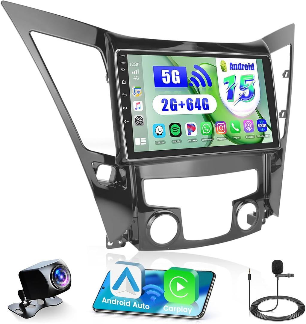 4Core 2+64G Hikity for Hyundai Sonata 2010-2015 Android Car Stereo, 9 Inch Touchscreen Radio with Wireless Carplay, Android Auto, WiFi, GPS Navigation, Bluetooth, DSP, FM RDS, EQ + Backup Camrea