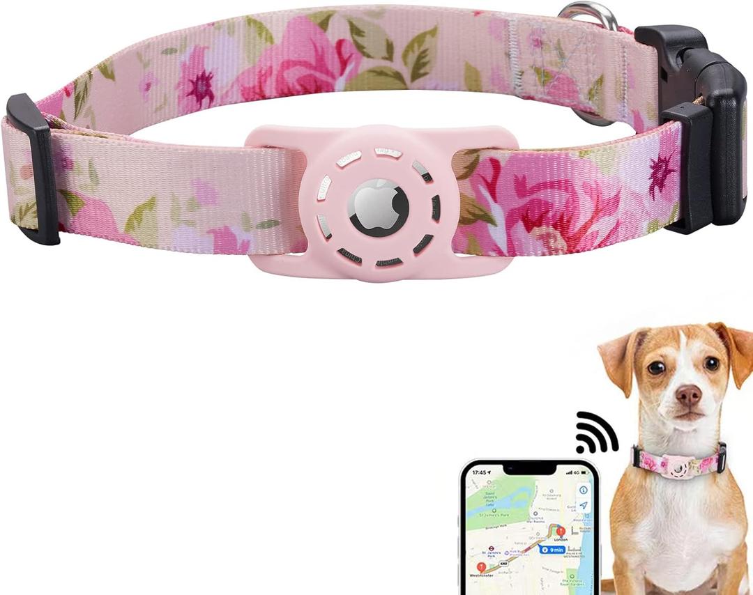 Dog Collar, Compatible with AirTag, Polyester Pet Cat Puppy Collar for Small, Medium, Large, & Extra Large Dogs, Pink Rose, S: 9.8''-15.7'' Neck