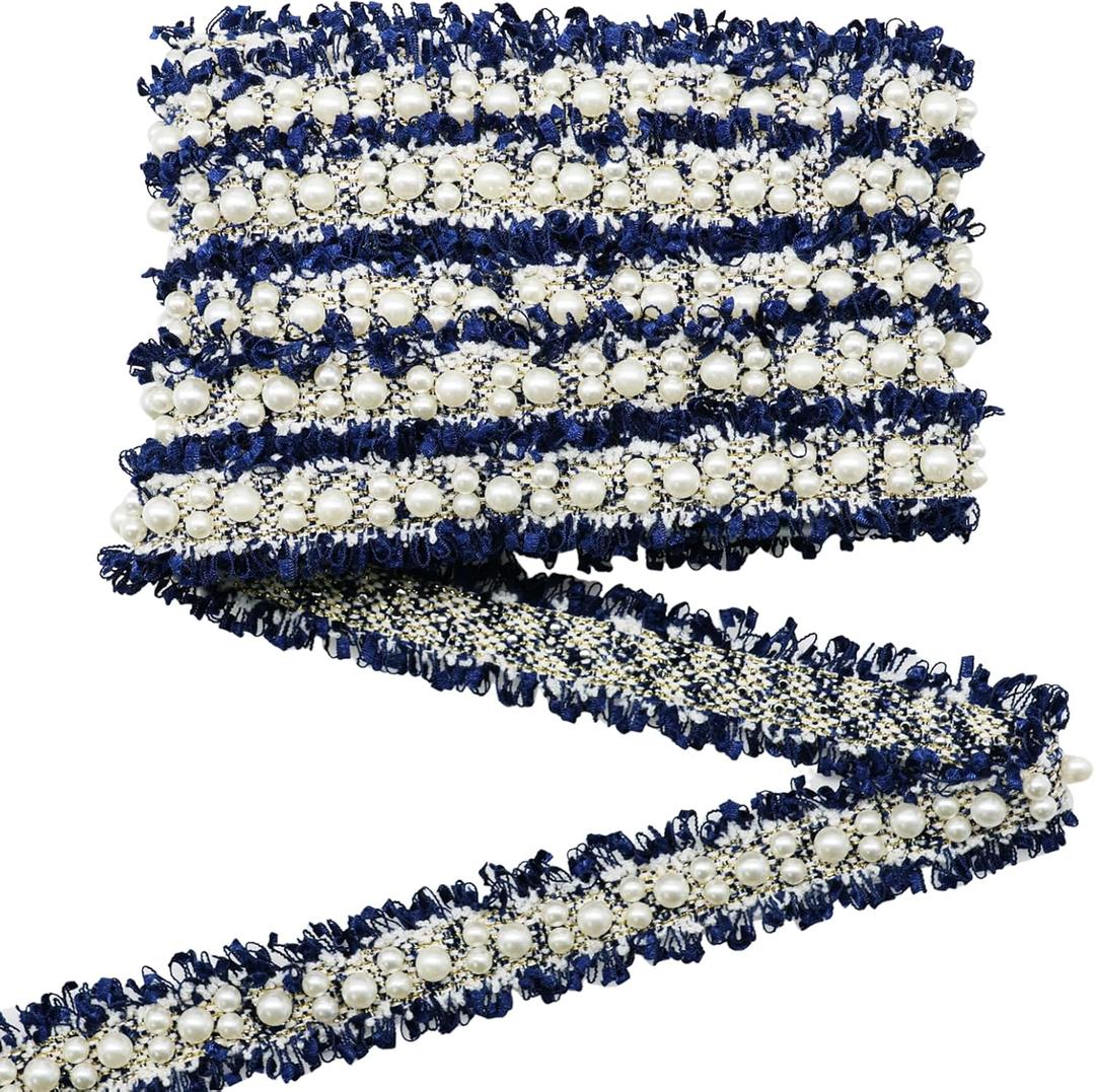 Yalulu 5 Yards Nylon Pearl Beaded Embroidered Lace Trim Ribbon Fabric Handmade DIY Costume Dress Sewing Supplies Craft (Navy Blue)