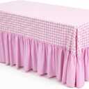 Pink Gingham Tablecloth with Ruffle Table Skirt for 6 Foot Rectangle Table, 72 x 30 Inch Checkered Scalloped Tablecover, Rectangle Picnic Party Decor Tablecloth for Wedding Baby Shower