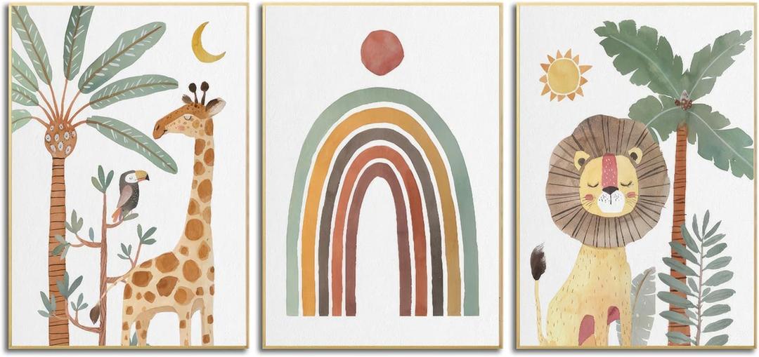 Wodkwq Nursery Wall Art Safari Animal Canvas Prints Girl Boy Baby Room Decor Poster Toddler Room Decoration Boho Rainbow Painting Jungle Pictures Set of 3 for Kids Bedroom Bathroom 12x16in Unframed