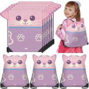 10 Pcs Cartoon Cat Doll House Themed Party Favor Packs, Cute Animation Cat Drawstring Backpack with Ear for Party Favors Candy Snack Gift Supplies for Kitten Themed Birthday Party Decoration