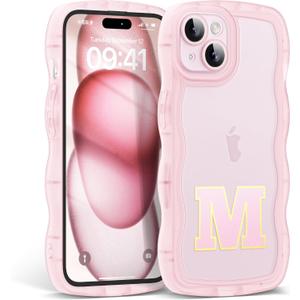 Designed for iPhone 13 Case with Personalized Initials,Cute Curly Wave Frame Shape Shockproof Soft TPU Anti-Slip Protective Phone Case Cover for Women/Girls 6.1"-Letter M(Clear/Pink)