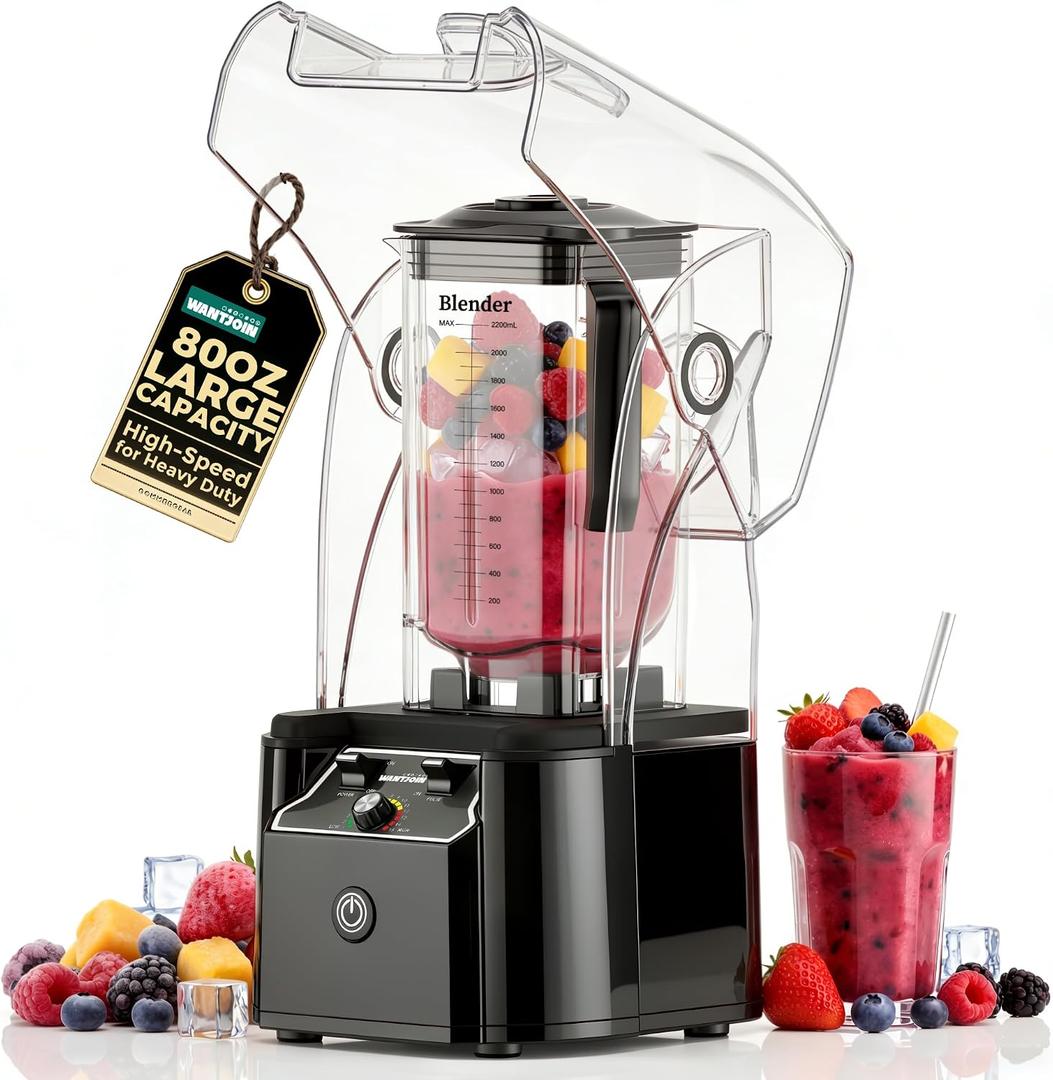 WantJoin Professional Commercial Blender With Shield Quiet Sound Enclosure 2200W Industries Strong and Quiet Professional-Grade Power, Self-Cleaning, Black