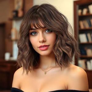 Lativ Brown Highlights Wig with Bangs Short Wigs for Women Bob Wavy Curly Synthetic Hair Heat Resistant Natural Appearance for Everyday Cosplay Use 14 Inch