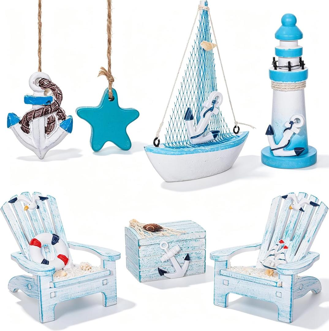Queekay 7 Pcs Wooden Box Wooden Lighthouse Mini Sailboat Anchor Fish Hanging Starfish Model Spring Summer Easter Tree Ornament Decoration Aquarium Landscape Ornament Mini Garden Landscape (Novelty)