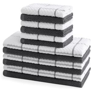 QAJ 12 Pack Kitchen Towels and Dishcloths Set, 100% Cotton Soft and Absorbent Kitchen Towels 16 x 25 inches & 13 x 13inches Dishcloths (Dark Gray)