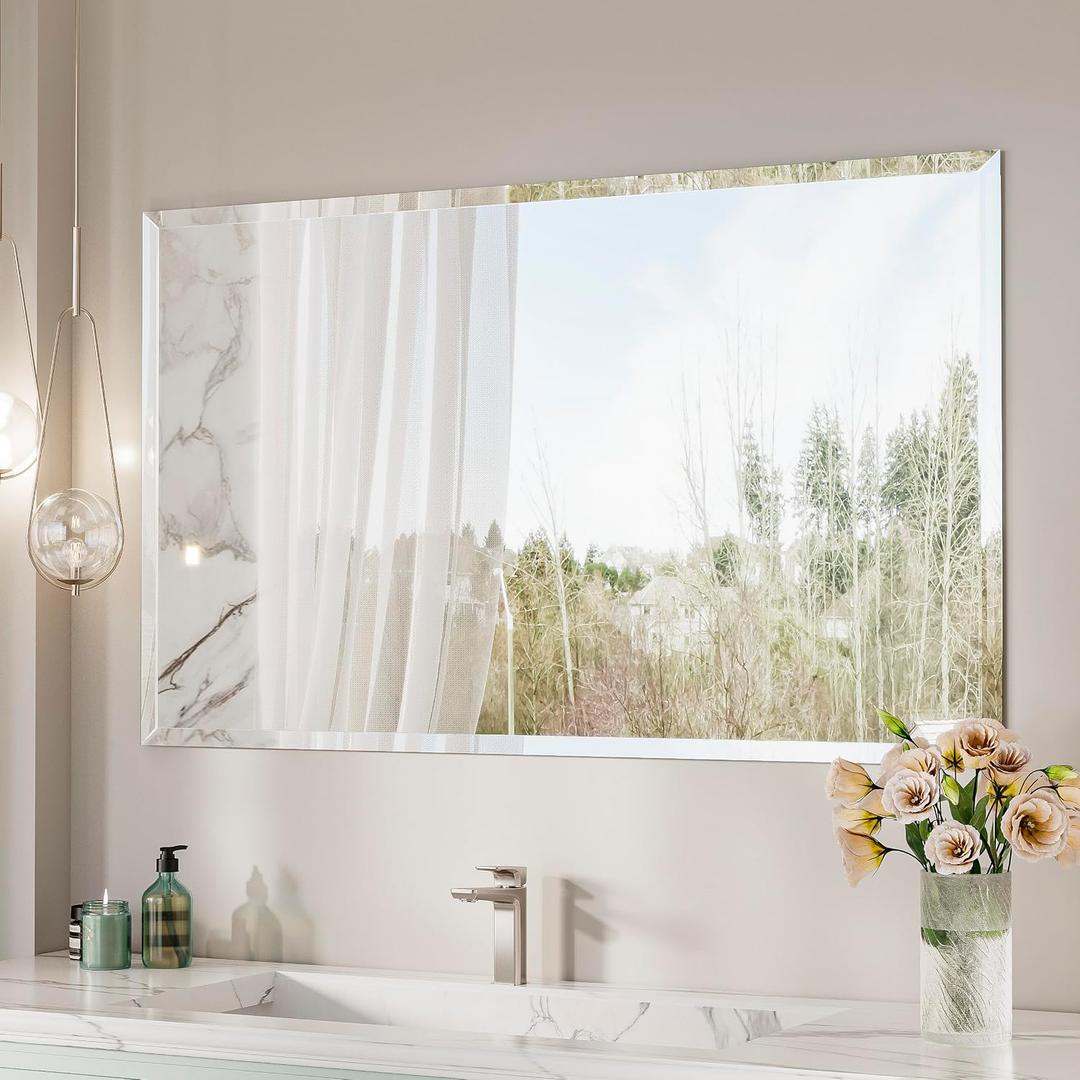 Keonjinn 48 x 30 Inch Bathroom Mirror Beveled, Rectangle Frameless Mirrors for Over Sink, Shatterproof, Modern Decorative for Living Room, Entryway, Bedroom, Horizontal/ Vertical