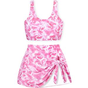 Girls Two Piece Tankini Swimsuit with Skirt Summer Bathing Suit with Chest Pad Swimwear, Size 15-16 Years