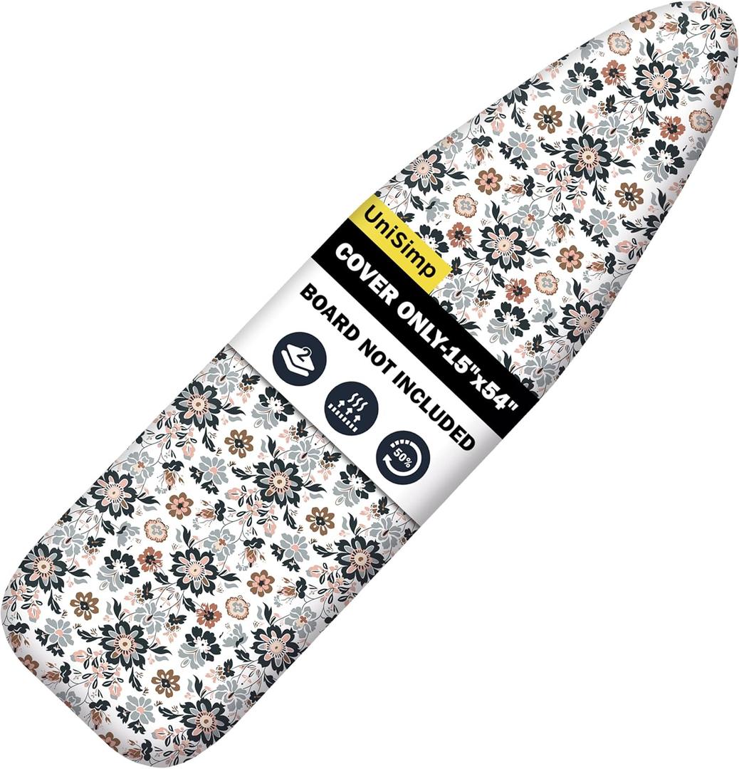 UniSimp Ironing Board Cover and Pad 15"x54" Extra Thick Natural Cotton, Scorch and Stain Resistant Padding, Standard Size Iron Board Cover with Fasteners Heavy Duty Elastic Edge, Heatproof Floral