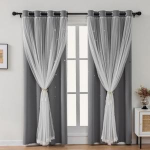 Light Gray Curtains for Kids Bedroom Nursery Decor Star Cutout Double Layer Light Blocking Blackout Curtains for Living Room Kids Room Grommet Top Curtain 2 Panels 42 x 63 inch