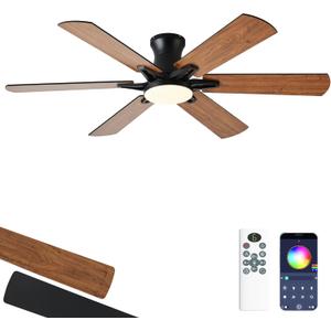 52 Inch Ceiling Fans with Lights, Low Profile Ceiling Fan with Light and Remote, Quite DC Motor,Flush Mount, 3CCT, Dimmable, Brown RGB Ceiling Fan for Bedroom, Living Room, Indoor/Outdoor Use