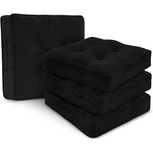downluxe Chair Cushions for Dining Chairs with Ties, Non-Slip Memory Foam Kitchen Chair Cushions, Tufted Seat Cushions for Kitchen Chairs, Dual-Layer Chair Pads, 16.5 x 16.5 x 3, Set of 4, Black