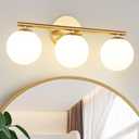 Globe Bathroom Light Fixtures 3-Light Brass Gold Vanity Light with Plastic Milk White Globe Shades 18.11 inch Wall Sconce Lighting Over Mirror, Vanity Lights for Bathroom Bedroom Hallway
