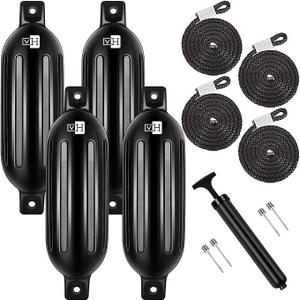VIVOHOME Vinyl Ribbed Boat Fenders 4 Pack, Boat Bumpers with Ropes, Needles, and Pump to Inflate Fit for Yachts, Sailing Dinghies, Bass Boats, Black