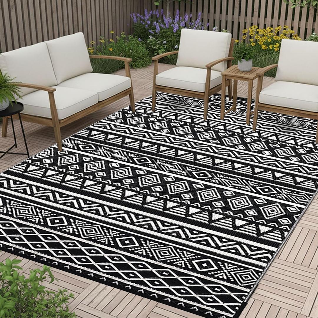 RURALITY Outdoor Rugs 8'x10' Waterproof for Patios Clearance,Plastic Straw Mats for Backyard,Porch,Deck,Balcony,Black & White