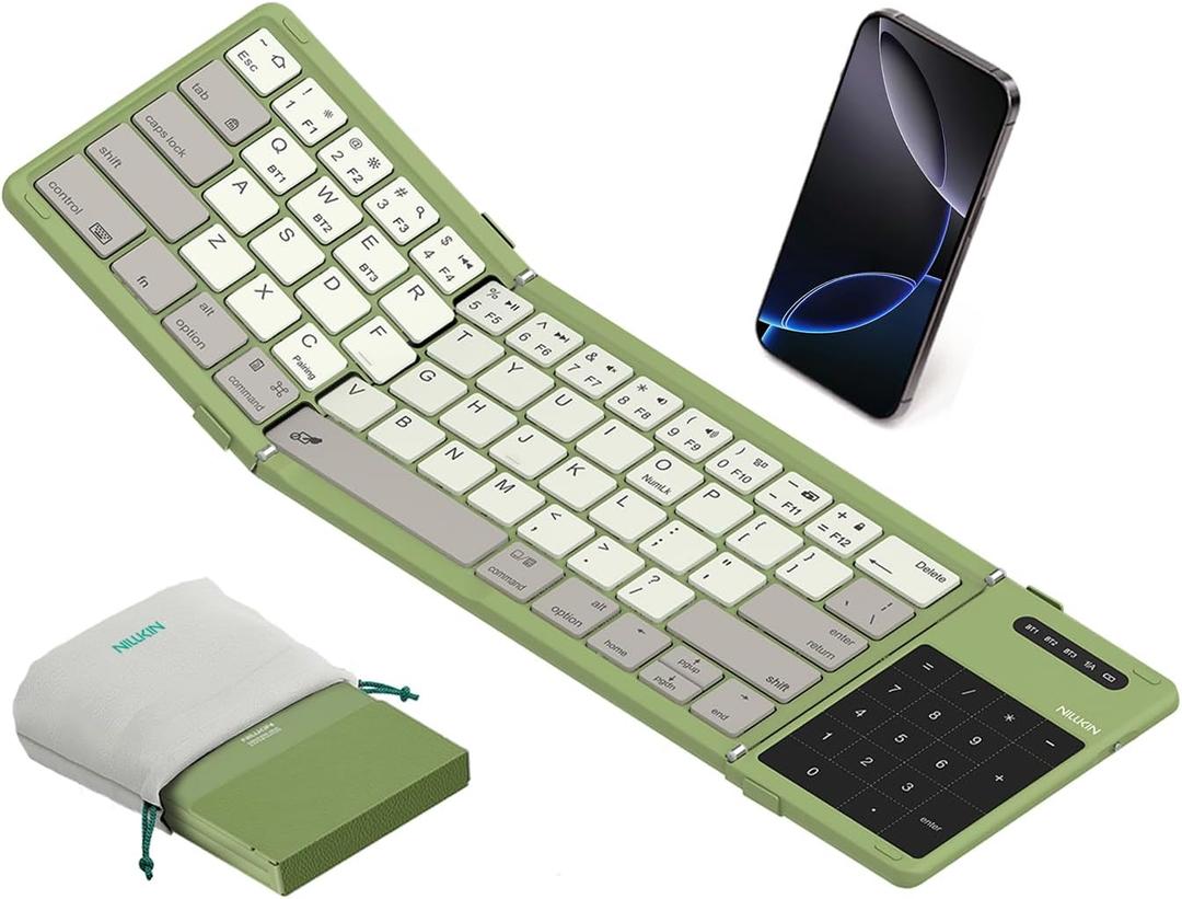 Nillkin Upgraded Foldable Bluetooth Keyboard with Touchpad & Number Pad, Portable Wireless Keyboard for Travel, Pocket-Sized, Full Size Keys, Support 3 Devices for iPad Laptop Tablets Phone, Green