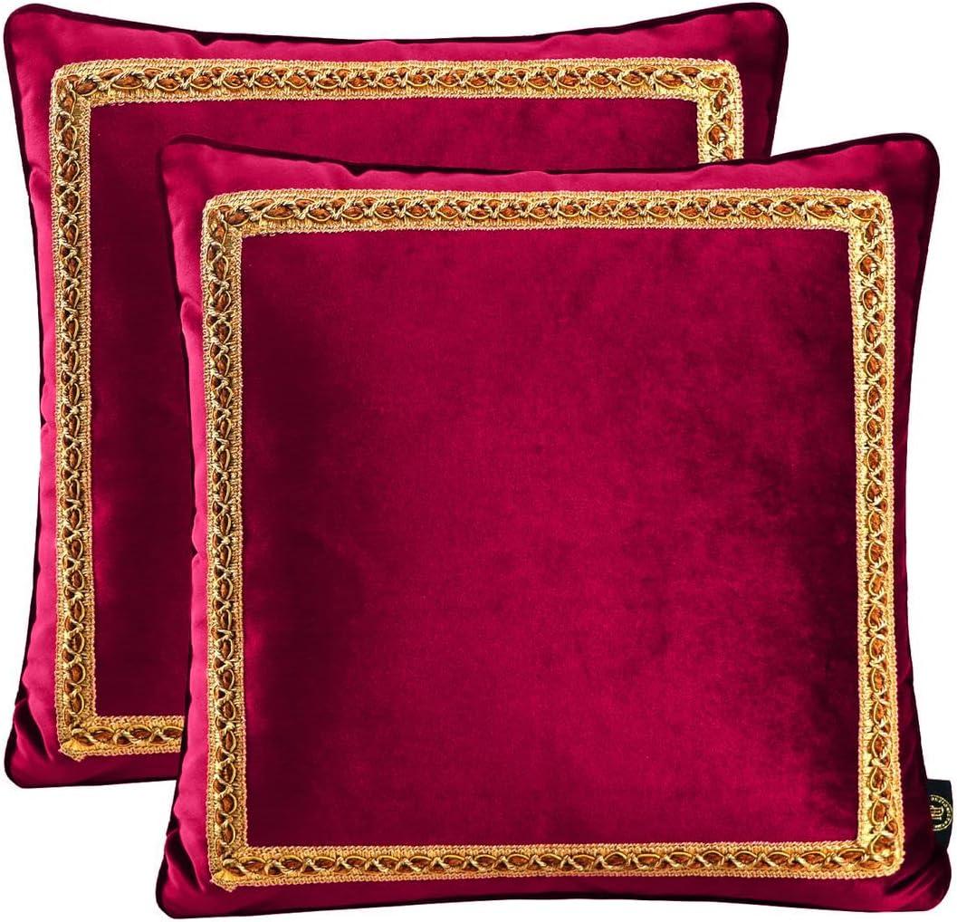 Decorative Velvet Throw Pillow Covers for Sofa Couch Bed Chair, Embroidery Pattern Design, Ruby Red, Pack of 2, 18x18 Inch
