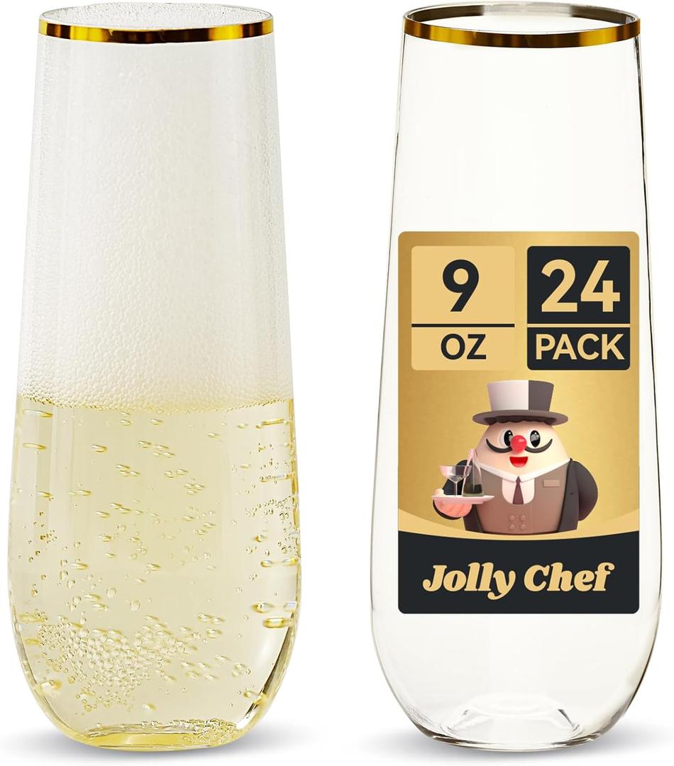 JOLLY CHEF 24 Pack Stemless Plastic Champagne Flutes Disposable 9 Oz Gold Rim Clear Plastic Toasting Glasses Shatterproof Recyclable for Party, Wedding, Birthday, Christmas
