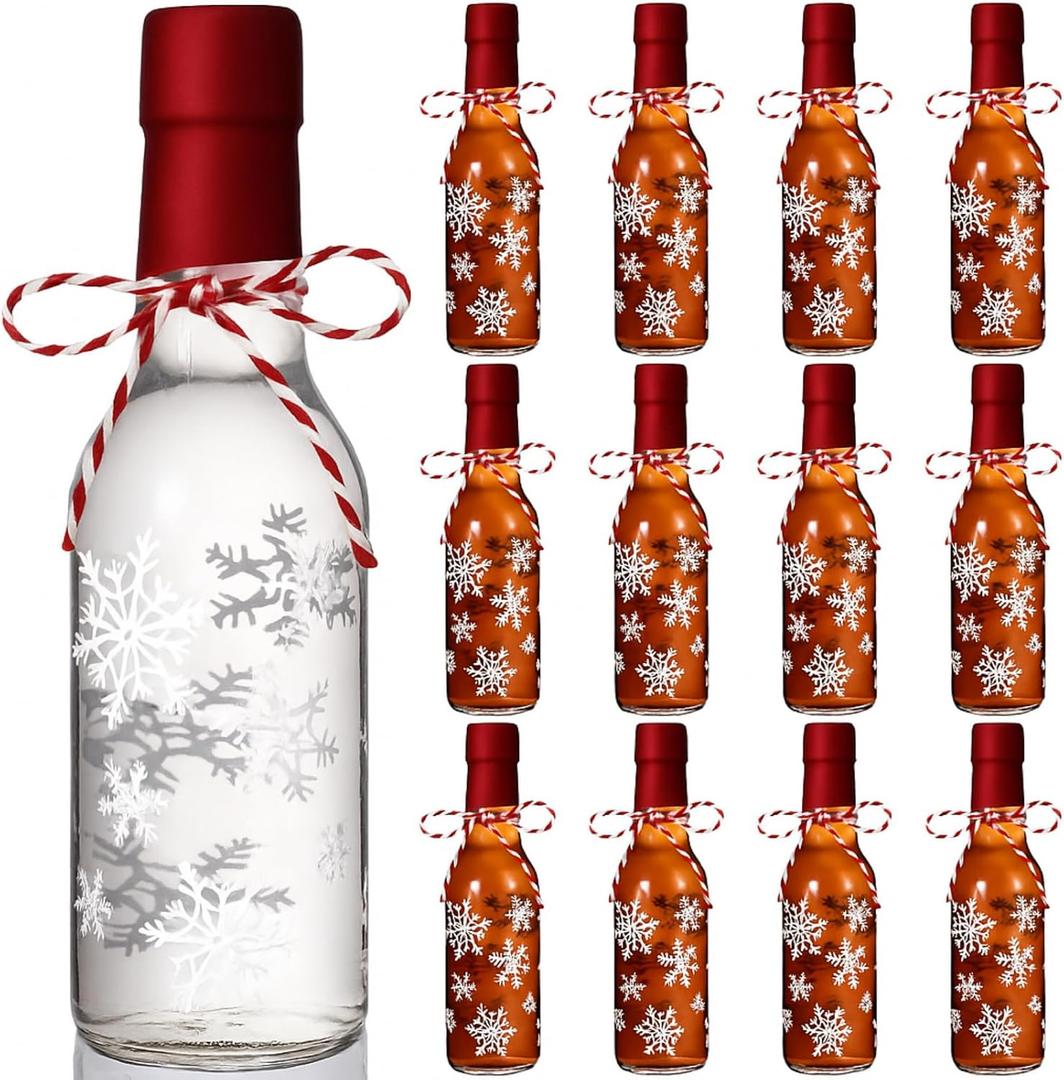 Sieral 12 Pcs Christmas Coquito Swing Top Glass Bottle with Lid 5 oz Clear Flip Top Beer Brewing Bottle with Airtight Cap Heat Shrink Cap and Rope for Homemade Milk Eggnog Drinks Xmas Party(Snowflake)