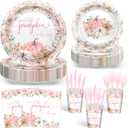 Avezano 144 pcs Fall Baby Shower Decorations for Girl Plates and Napkins Disposable Tableware Set Pink Pumpkin Baby Shower Decorations, Serves 24