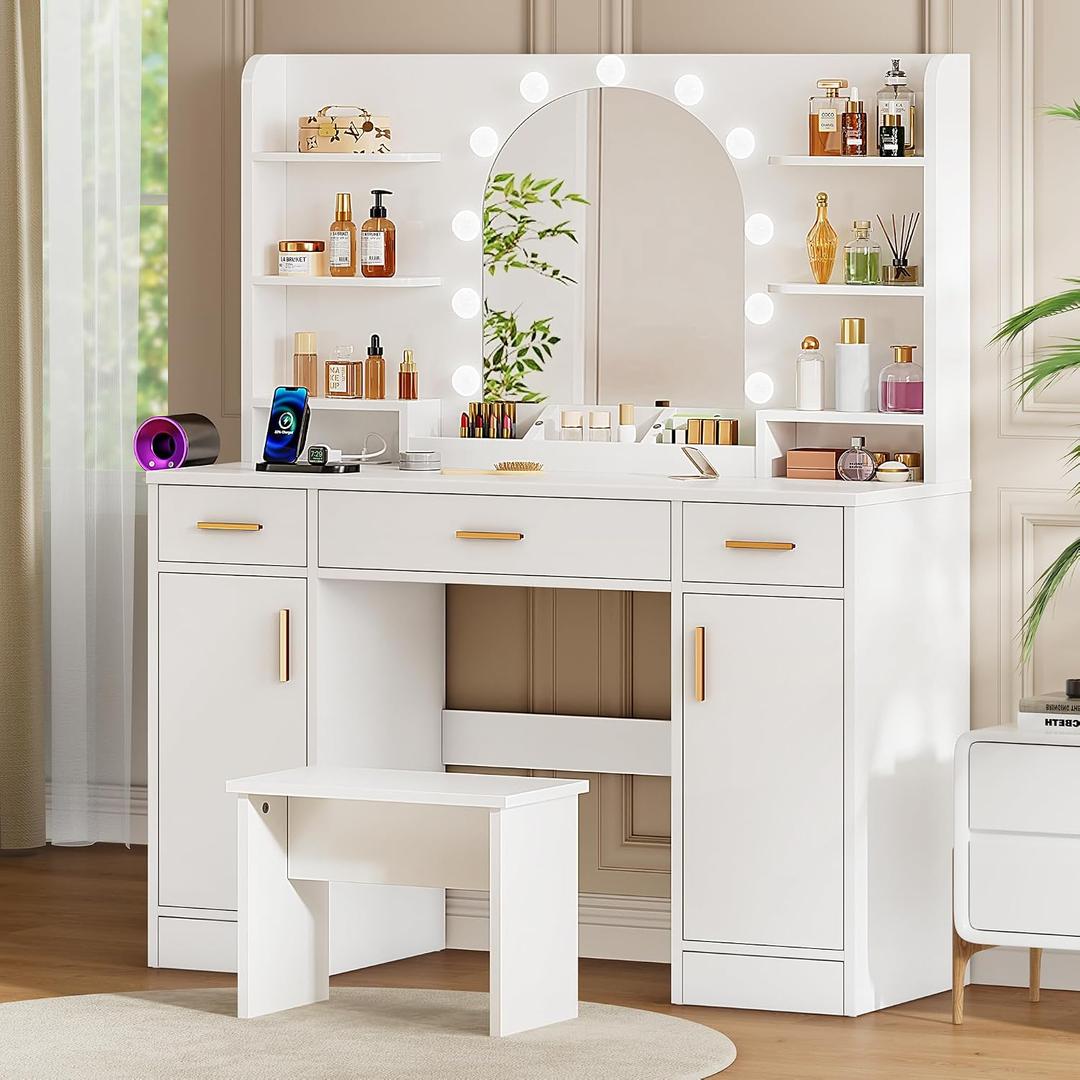 Decofy 43'' White Vanity with 11 LED Lights & Mirrow, Makeup Vanity Table with Power Outlets, Chair & Hair Dryer Holder, Dressing Table with Drawers & Cabinet, 55.1 inches x 15.7 inches x 43.29 inches