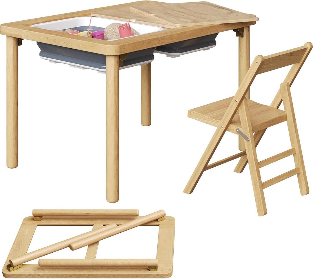 FUNLIO Foldable Wooden Sensory Table with 2 Bins & 1 Foldable Chair for Toddlers, Kids Sensory Table with Anti-Warping Plywood Lid, Indoor/Outdoor Play Sand and Water Set, CPC Certified