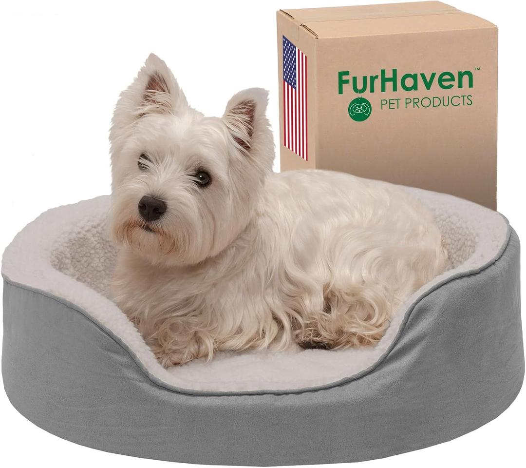 Furhaven Orthopedic Dog Bed for Medium/Small Dogs w/ Removable Washable Cover, For Dogs Up to 18 lbs - Sherpa & Suede Oval Lounger - Gray, Medium