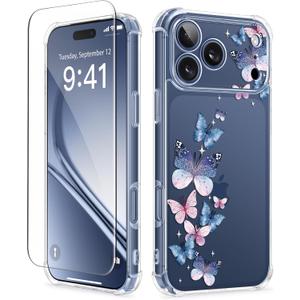 GVIEWIN for iPhone 17 Pro Case, with Screen Protector+Full Camera Protection, [NonYellowing] Clear Floral Slim Shockproof Protective Women Phone Case for iPhone 17 Pro 6.3", Colorful Butterfly