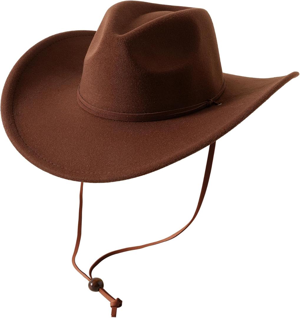 Lanzom Women Men Retro Felt Wide Brim Western Cowboy Cowgirl Hat Dress Up Hat with Wind Lanyard (Medium-Large, Coffee)