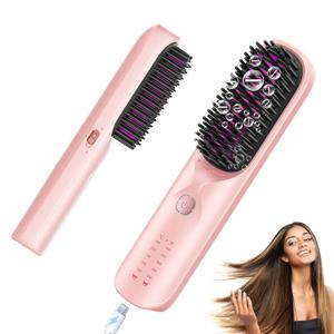 Cordless Hair Straightener Brush - Portable Hair Straightening Brush for Travel - 300M Negative Ions for Frizz-Free Shine, Touch Up On-The-Go, Fast Heating, Gift for Women, 10,000mAh (Pink)