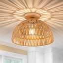 Boho Rattan Ceiling Light Fixtures Boho Lamp Shade Flush Mount Ceiling Light Hand-Woven Small Chandelier Wooden Base Chandelier Light for Hallway Bedroom Kitchen Nursery