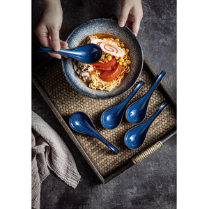 Soup Spoons Set Of 4, Chinese Deep Soup Spoon - 6.5 Inch Ceramic Korean Tablespoons for Ramen, Rice, Noodle, Asian Spoons with Deep Hook Design, Vintage Blue