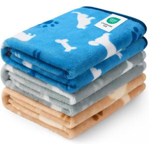 Luciphia 1 Pack 3 Dog Printed Fleece Pet Blankets WashableSoft Warm Throw Covers for Crate Couch BedCozy Puppy Essentials for Dogs and Cats Blue/Grey/Khaki, Small (23x16 inch)
