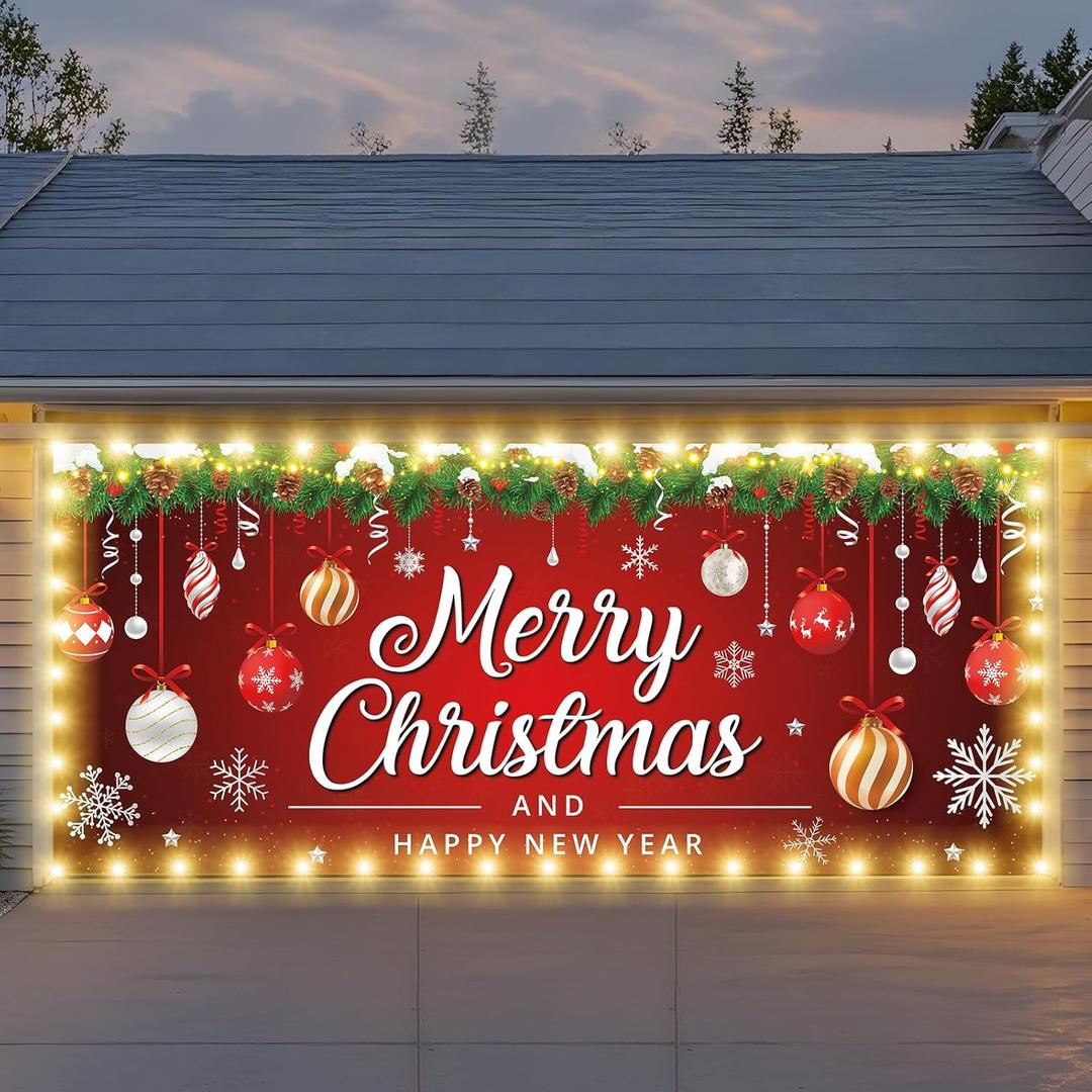 7x16ft Christmas Garage Door Cover with LED String Lights, 2025 Large Garage Door Christmas Decorations, Outdoor Lighted Banner, Merry Garage Mural (Ornaments)