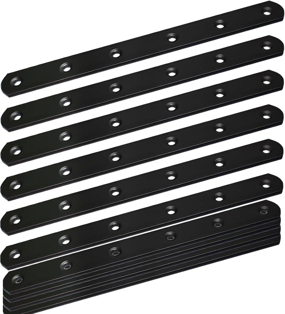 12Pack Straight Brackets Black, 8Inch 200MM Mending Plate Metal Brackets for Brace, Heavy Duty Joining Plates for Wood Fence Bookcase Cabinet, Straight Brace Repairing Mending Plates