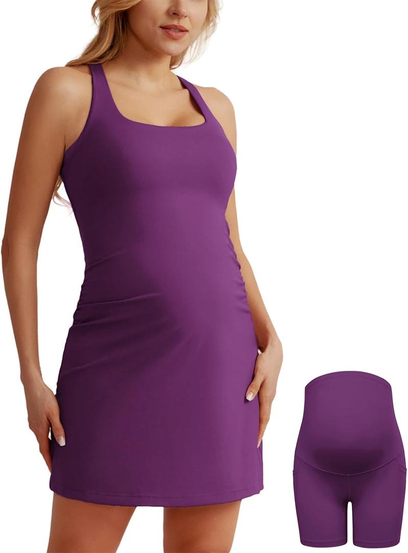 Maacie Maternity Tennis Dress with Shorts and Built in Bra Scoop Neck Sleeveless A-line Workout Golf Dress with Pocket (Purple, S)