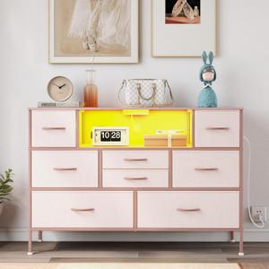 Dresser with Charging Station and LED Light for Bedroom 8 Fabric Drawers Chest of Drawers with Power Outlet Storage Open Shelf for Living Room TV Stand Closet Hallway (Pink)