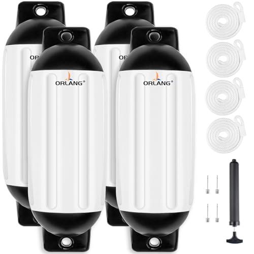 ORLANG 8.5in X 27in Boat Fenders, Boat Bumpers for Docking 4 Pack, Inflatable Ribbed Twin Eyes Vinyl Boat Bumpers Fenders with Pump,Ropes and Needles to Inflate - White/Black