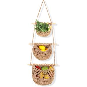 3 Tier Hanging Fruit Basket, Wall Hanging Vegetable Fruit Baskets Cotton Woven Storage Baskets for Organizing, BOHO Wall Basket Decor, Over the Door Organizer for Kitchen, Bedroom, Bathroom