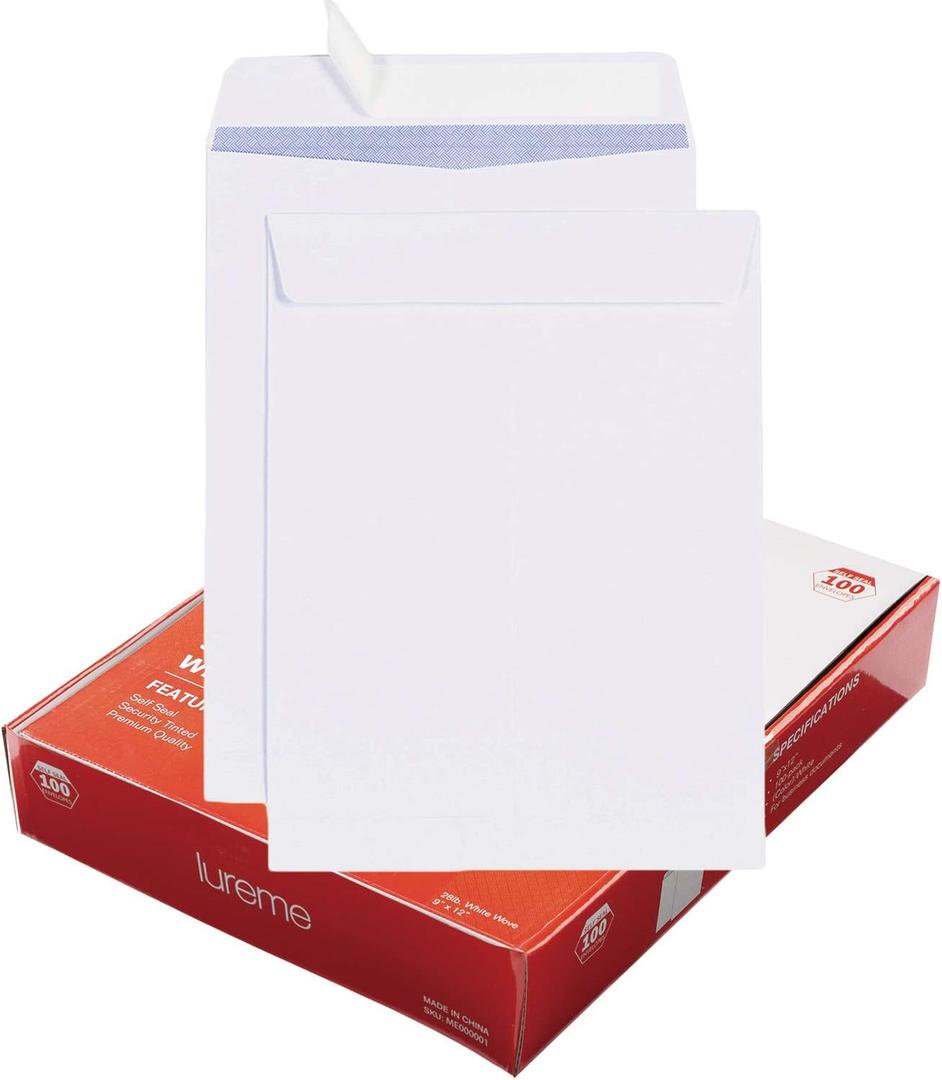 100 9 x 12 Self Seal Security White Catalog Envelopes, Ultra Strong Quick-Seal, for Secure Mailing, Documents, Photos, Heavy 28-lb Paper (ME000001)