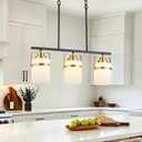 3 Light Kitchen Island Lighting, Black and Gold Dining Room Light Fixture with Milk Glass Shade, Adjustable Height Modern Chandelier Pendant Light for Dining Table Living Room