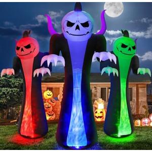 12FT Halloween Inflatables Decoration Outdoor Giant Pumpkin Reaper Ghost with 3-Colored Rotation Flame LEDs Spooky Halloween Blow Up Yard Decorations Outdoor Holiday Party Yard Lawn Decor