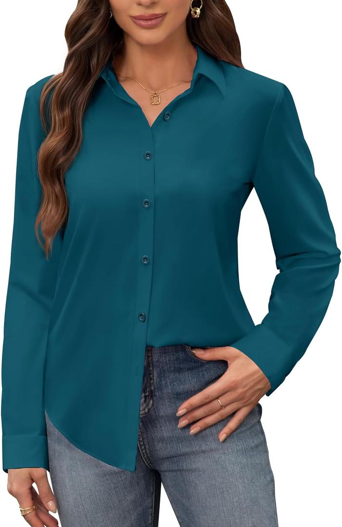 Siliteelon Button Down Shirt for Women Stain Shield Dress Shirts Wrinkle Free Long Sleeve Shirts Solid Work Business Shirts Peacock Blue, Large