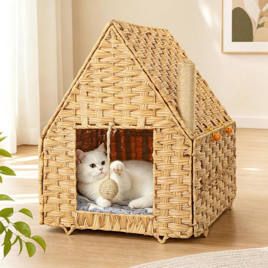 Handwoven Rattan Cat Bed for Indoor Kitten, Cat Cave Bed with Sisal Ball, Cushion & Cat Scratch Post, Foldable Hideaway Cat Hut in Bedroom Living Room, Natural