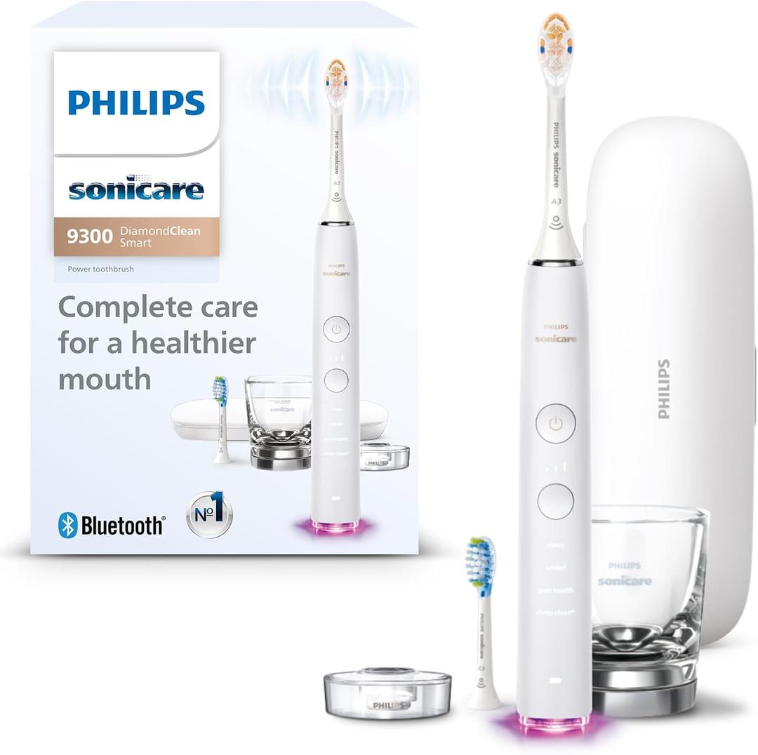 Philips Sonicare DiamondClean Smart 9300 Electric Toothbrush, Sonic Toothbrush with App, Pressure Sensor, Brush Head Detection, 4 Brushing Modes and 3 Intensity Levels, White, Model HX9903/05 (1 Count (Pack of 1), New White)