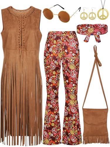 SOMSOC 7 Pieces 70s Women Hippie Costume Fringe Vest Bag Pant Headband for Halloween Large SOMSOC 7 Pieces 70s Women Hippie Costume Fringe Vest Bag Pant Headband for Halloween Large
