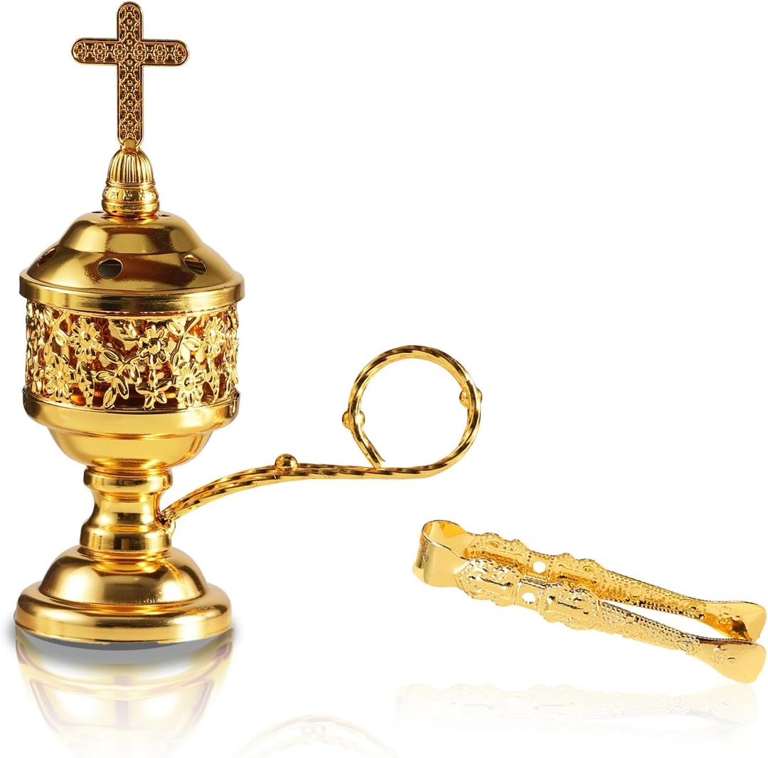 Gold Incense Burner with Tong  Frankincense Charcoal Incense Stand Aromatherapy, Yoga, Spa, Home Decor, and Church Use  Compact & Durable Bakhoor Holder